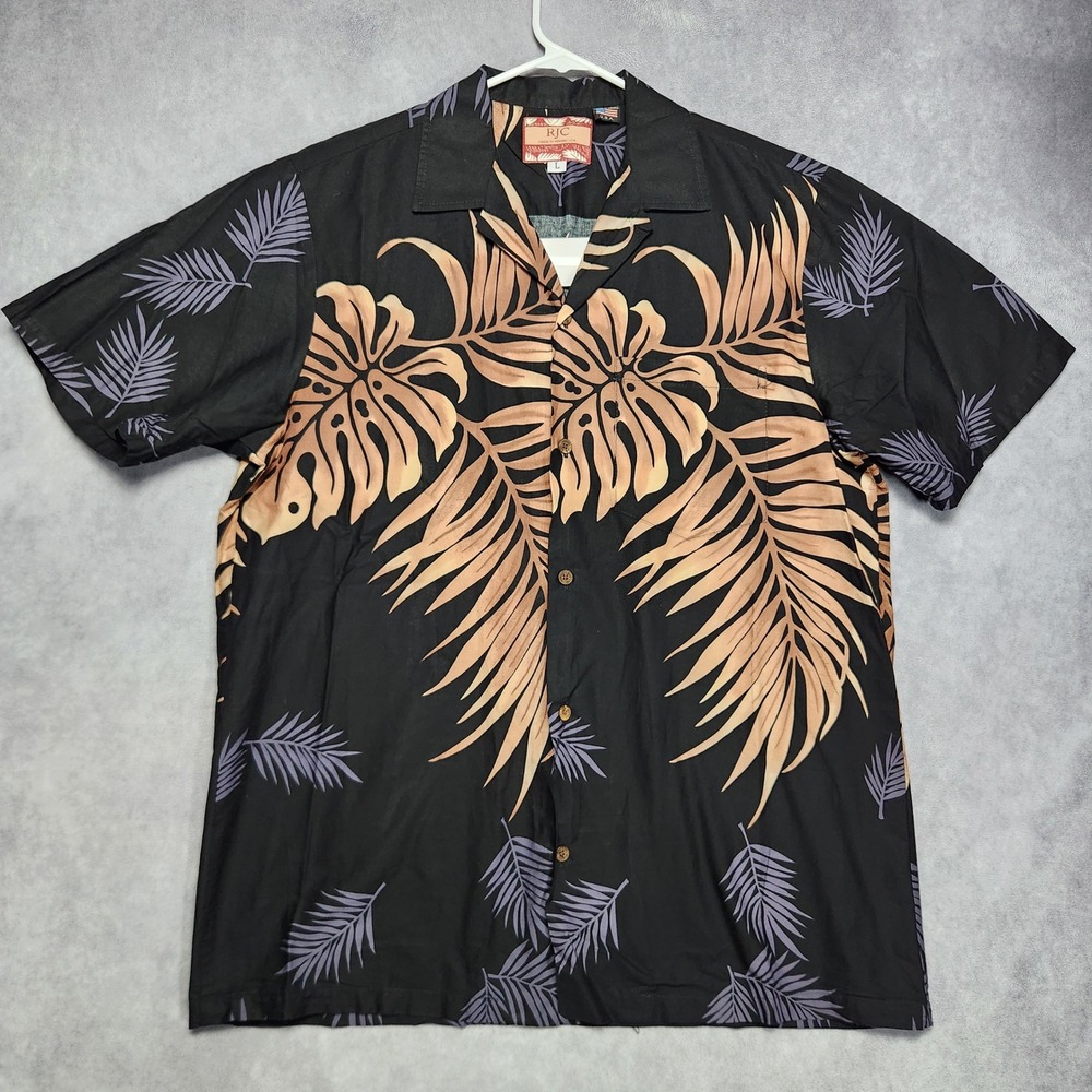 RJC Mens Black Hawaiian Shirt Monstera Palm Leaf Print Made in USA Size L